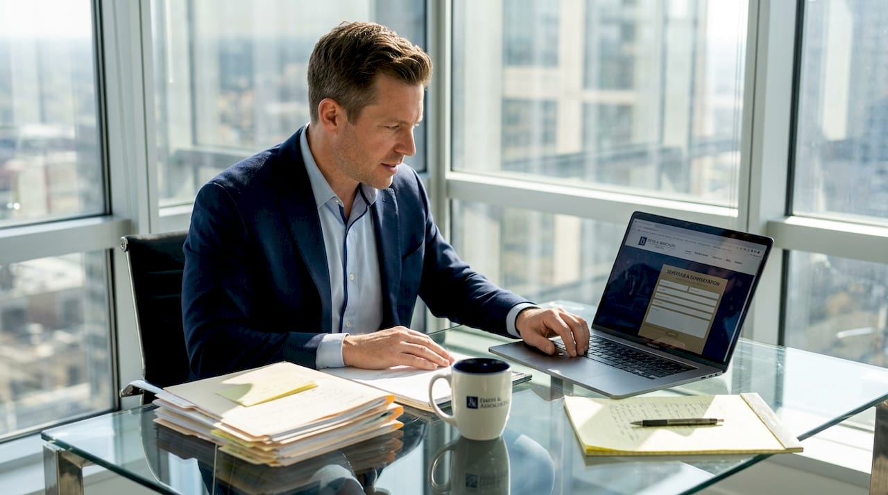 Attorney reviews website landing page in office