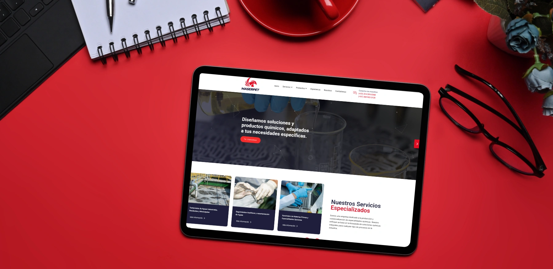 Maserpet website shown on a tablet on a red desk